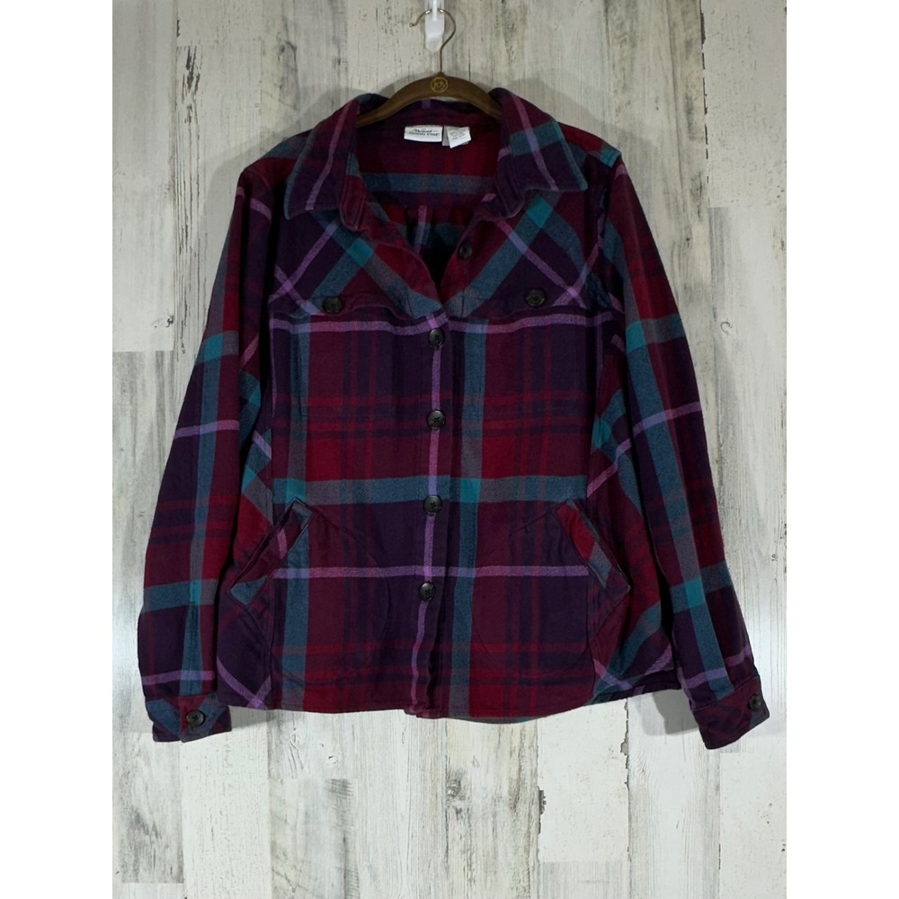 Vermont Country Store Womens Plaid Flannel‎ Shacket Jacket Size XL Purple Pink